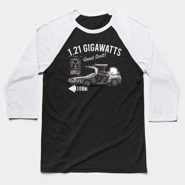 Back to the Future 1.21 Gigawatts DeLorean Car Baseball T-Shirt by Alema Art